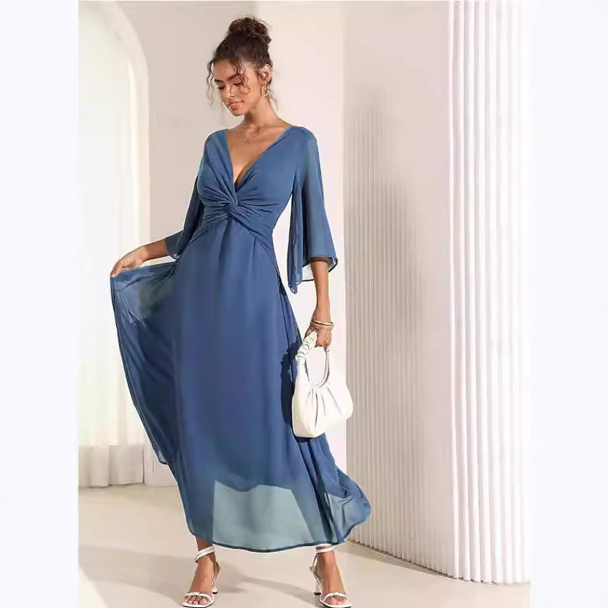 Solid Color V-neck Bell Sleeve Extra Long Dress